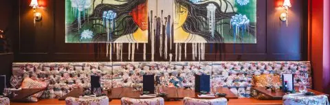 Main dining room with Japanese mural at KIBOU Oxford