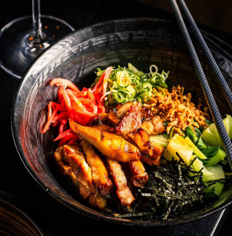 Chashu Mazemen (Japanese braised pork belly)- udon noodles, spring onion, nori, crispy onion, benishoga & bonito flakes*, tossed in a rich soy based sauce.