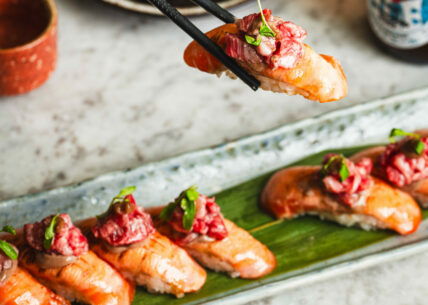 surf & turf nigiri surf & turf nigiri - a rich and opulent 8 piece nigiri set of seared salmon topped with the umami flavours of wagyu beef & truffle mayo