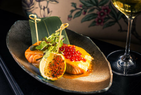 salmon yuzu miso. salmon marinated with a yuzu-infused miso, served with ikura