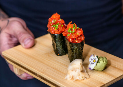 Gunkan - Battleship sushi ‘Battleship’ style sushi with soft or delicate toppings wrapped in nori. Perfect for roe, tartare, or finely chopped fillings.