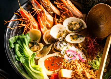 seafood miso ramen seafood miso ramen - king prawns & clams in a rich shiitake miso broth with a tantanmen-inspired spicy sesame soy tare