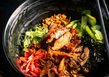 roasted duck mazudon with teriyaki sauce. roasted duck mazudon with teriyaki sauce. udon noodles, spring onion, nori, crispy onion, benishoga & bonito flakes*, tossed in a rich soy based sauce
