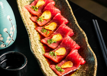 bluefin tuna chutoro tataki premium bluefin tuna chutoro tataki with ponzu dressing, garlic & chives