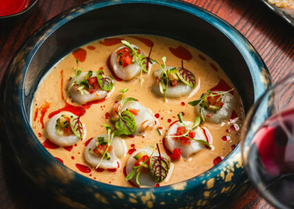 scallop tataki scallop tataki - hokkaido scallops with goma dare (sesame sauce), chilli oil, cucumber & tomato salsa