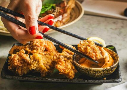 chicken karaage - classic japanese fried chicken chicken karaage - classic japanese fried chicken. crispy soy, ginger & garlic marinated chicken thigh, served with sriracha mayo